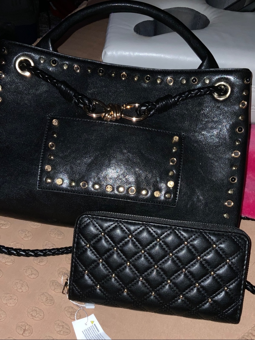 Classic Black Studded Tote and Quilted Wallet Set - Black